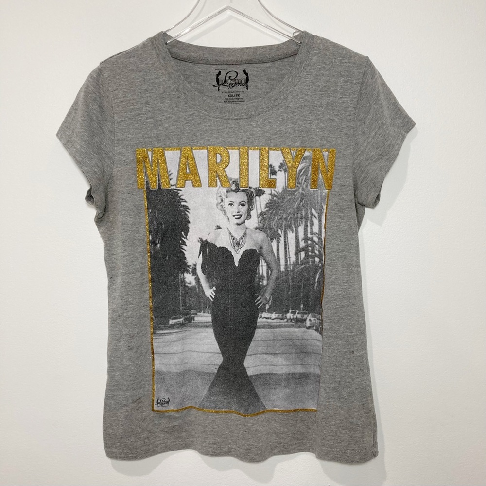Hollywood Legends Marilyn Graphic Photo Short Sleeve Tee Grey Gold Glitter NWOT